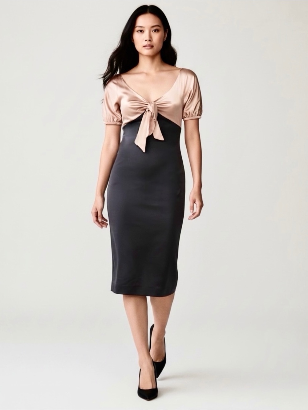 Diane Von Furstenberg DvF Women’s Vintage Kitt Pink Silk Bow Black Wool Dress